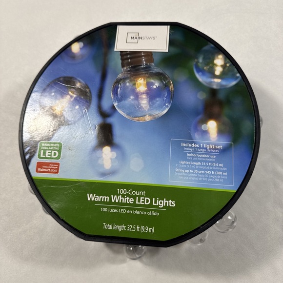 Mainstays Warm White LED Lights 32.5 Ft. 100 Count Outdoor/Indoor New - Picture 1 of 3